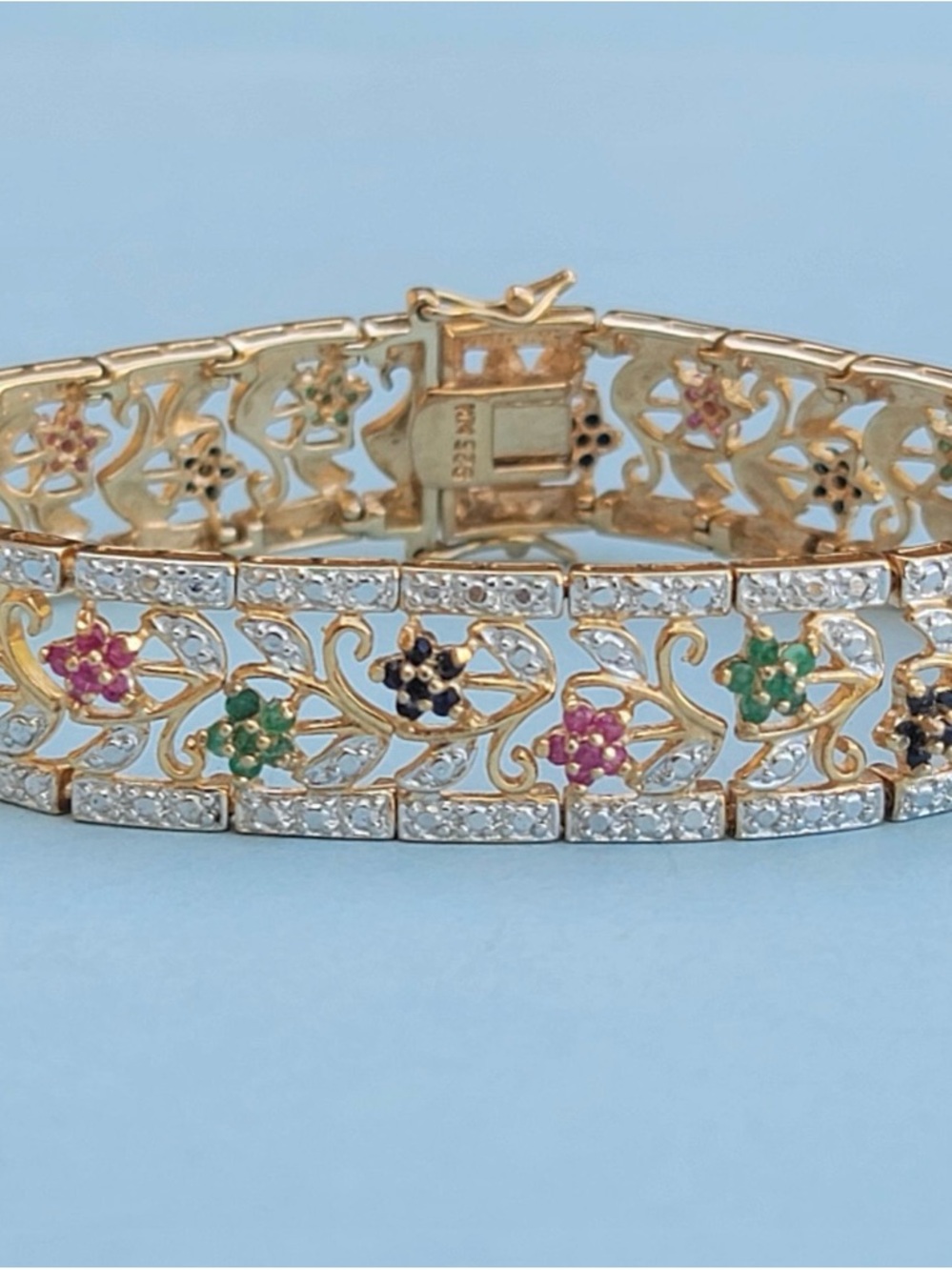 18k Gold Over Sterling Genuine Ruby Sapphire
Emerald & Diamond Bracelet 7”